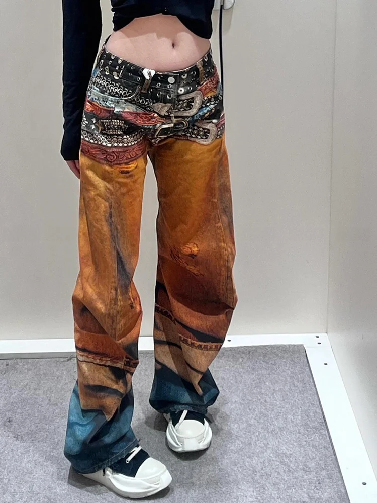 

Retro American 3D Oil Painting Belted Denim Jeans Women's Loose Wide Leg Pants High Waist Straight Leg Long Trousers