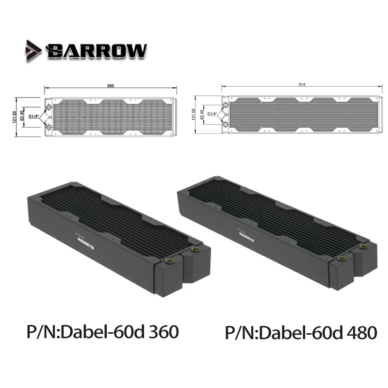

Barrow G1/4 дюйма, 60 мм, толщина меди, 360 мм, 480 мм, радиатор ПК, разряд воды, жидкий теплообменник для вентилятора 12 см Dabel-60d 360 480