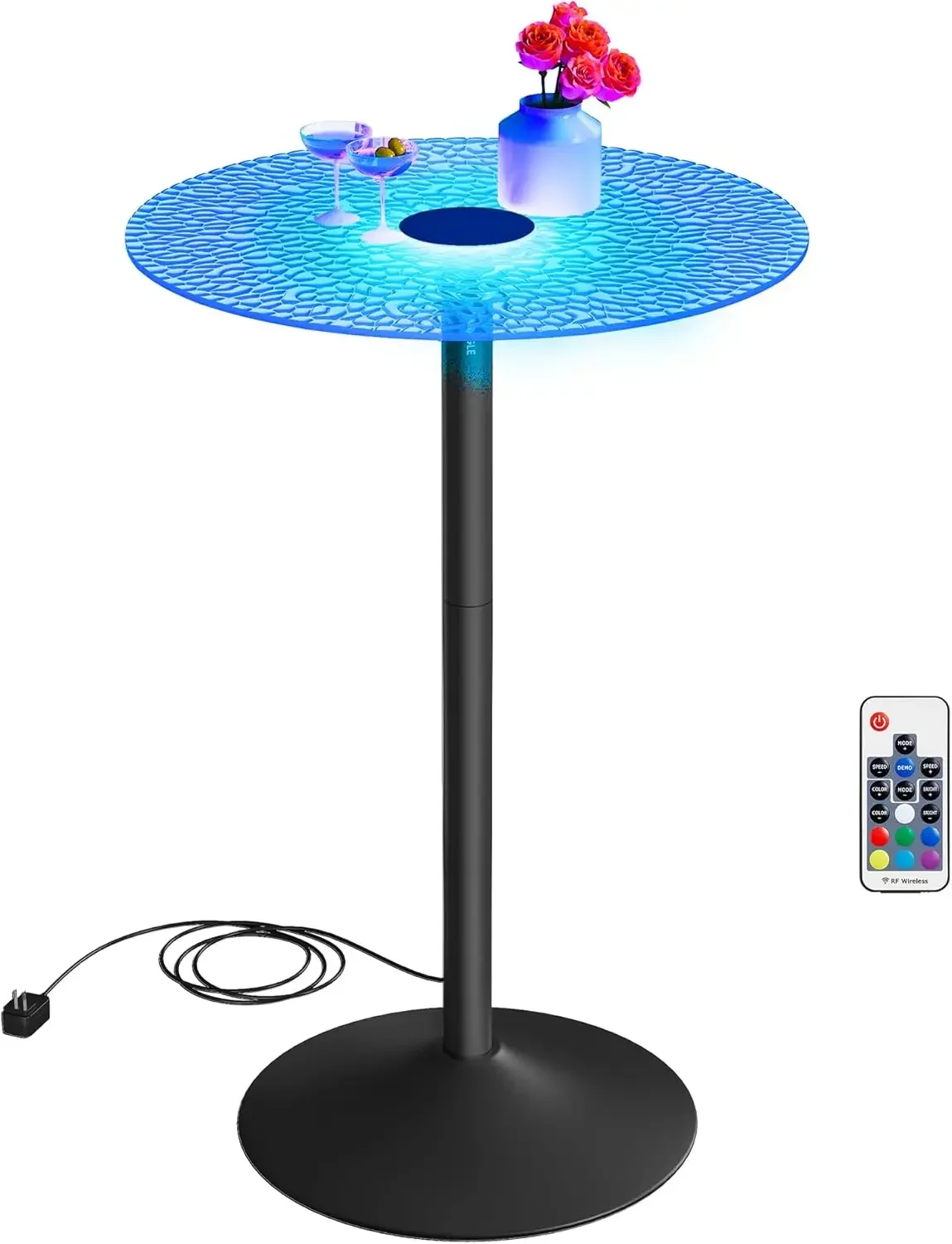 Bar Table, Round Cocktail Table with Multi-Colored Lights and Glass Top, Large Steel Base, 41.3 Inches Tall Pub Table