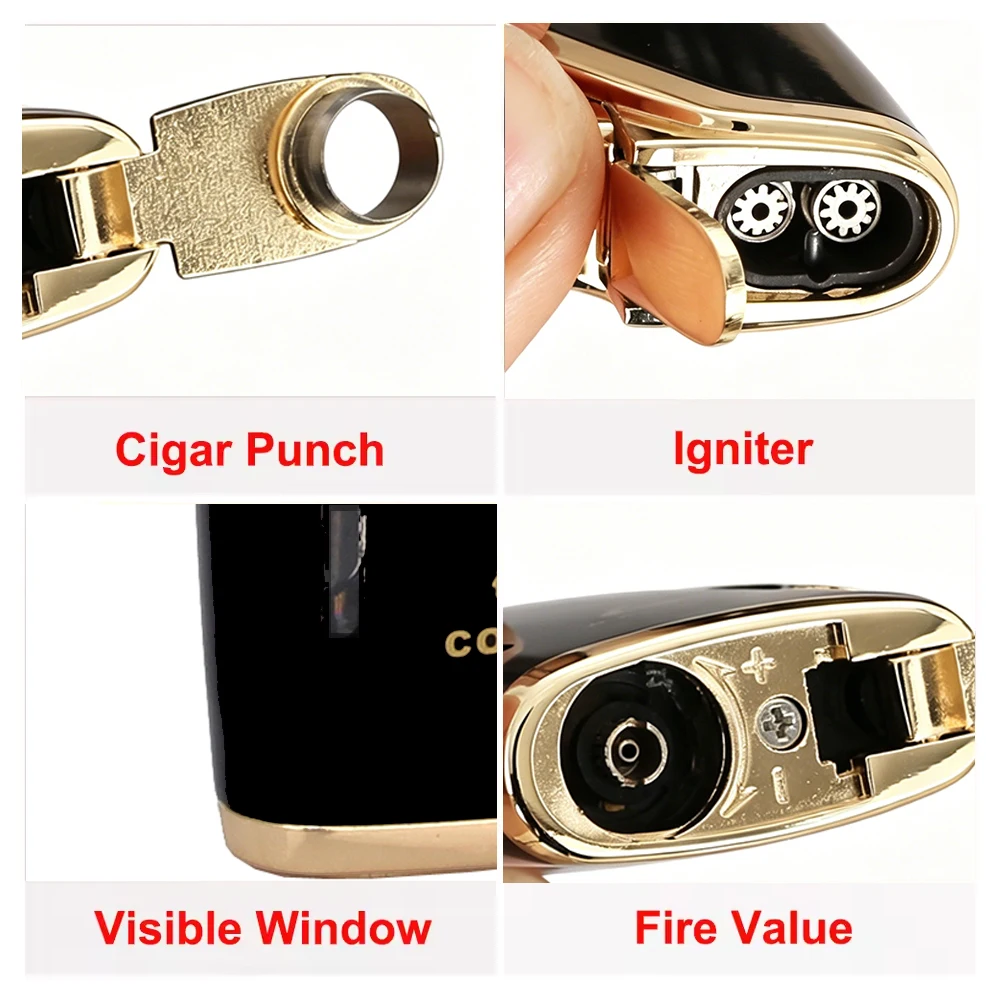 Metal Cigar Lighter 2 Jet Torch Lighter Butane Gas Lighters Windproof Cigarette Lighters W/ Cigar Cutter