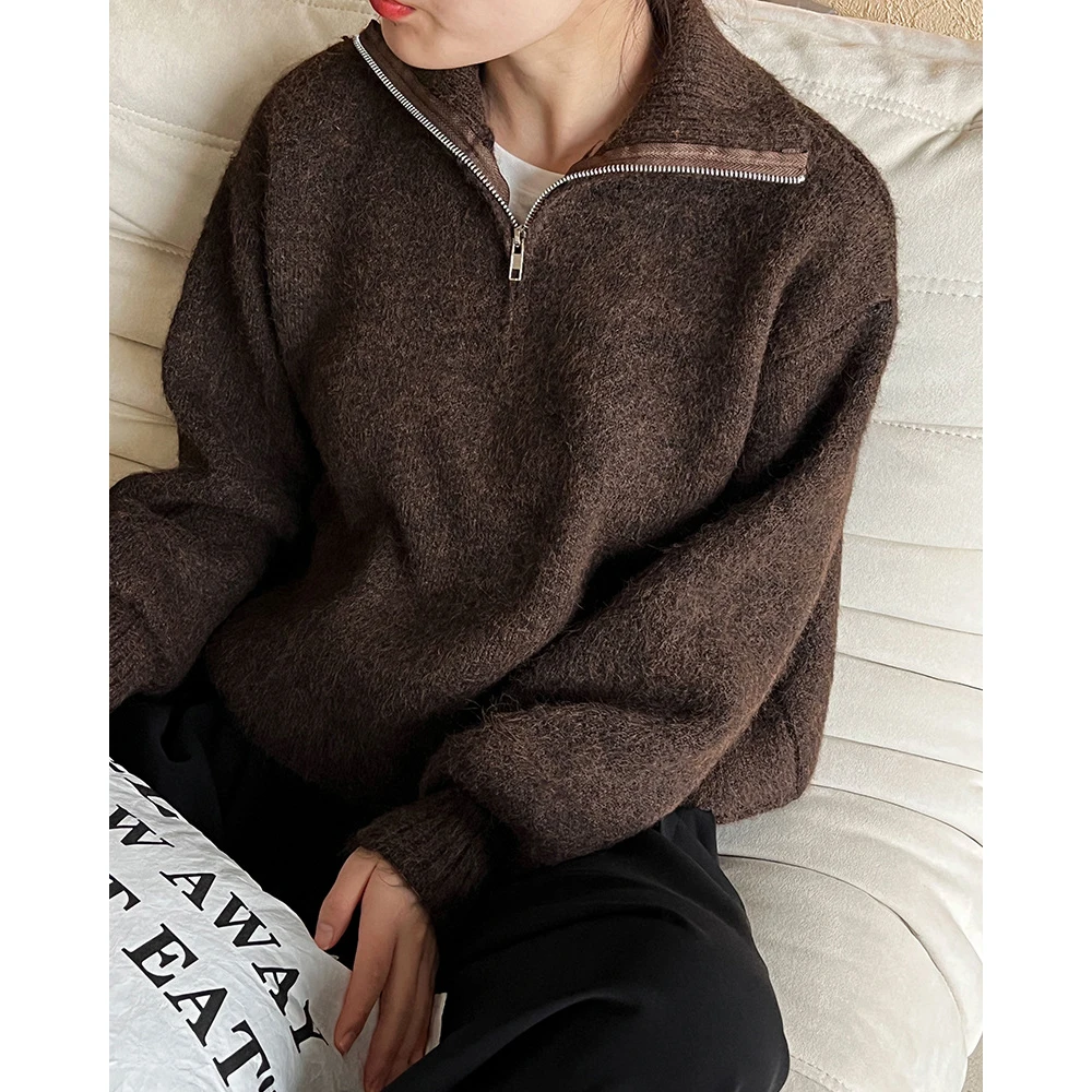 2024 Women Turn Down Collar Sweater Long Sleeve Zipper Design Warm Cardigans Clothes Tops For Women Winter Sweater Pull Femme