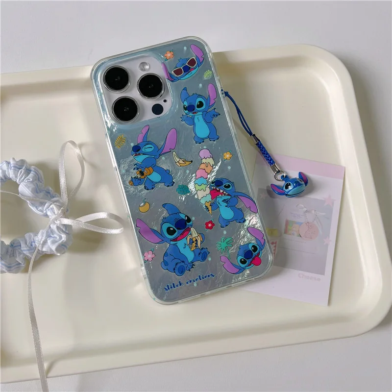 For iPhone 16 Pro Max 15 14 Plus 13 Mini 12 11 7 8 Plus SE Cute Sparkle Stitch Bell Lustre Lining Hard Phone Case With Pendant