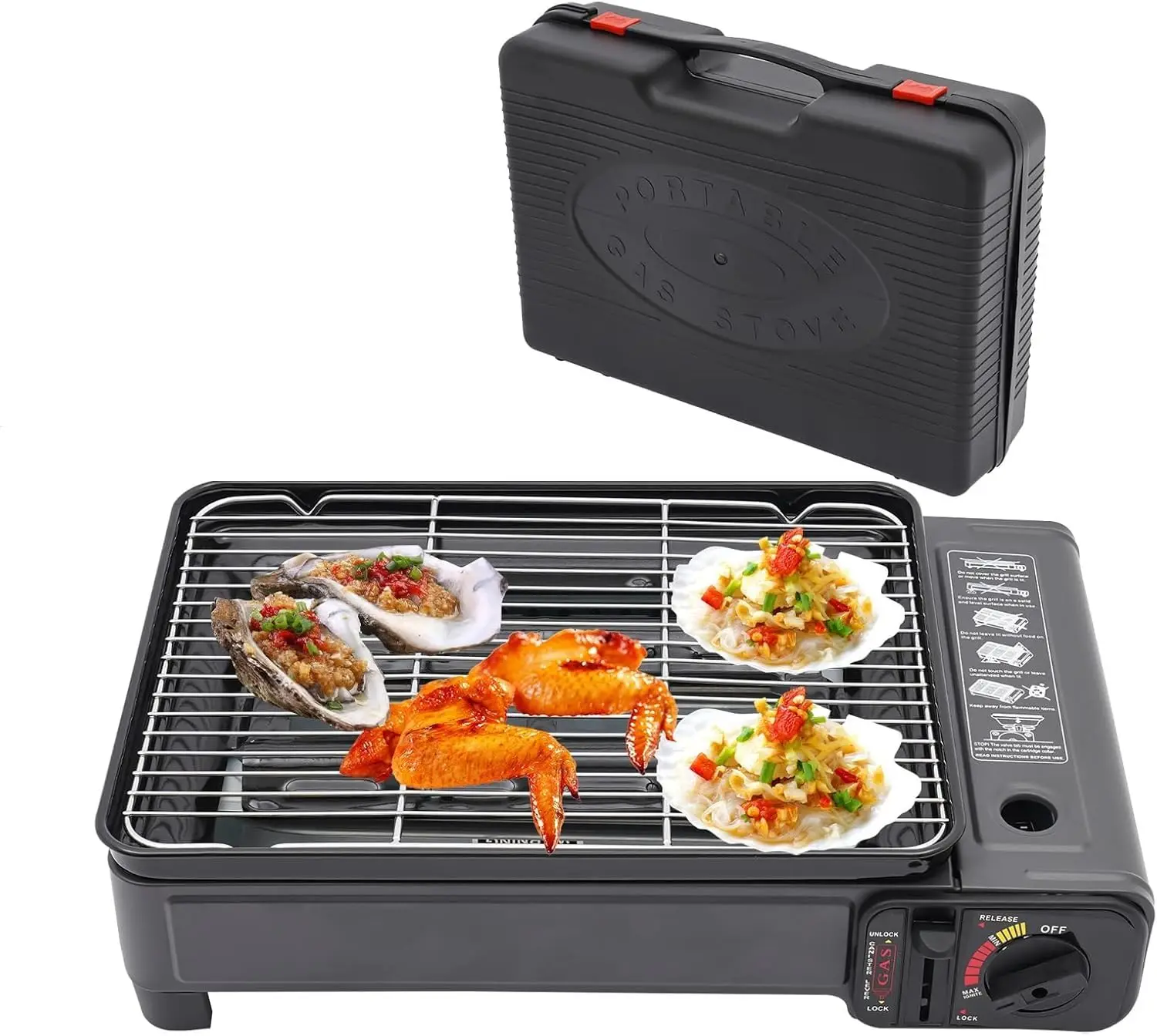 

Portable Tabletop Bbq Grill, Butane Gas Grill, Adjustable Firepower Mini Propane Grill with Carry Case and Oil Collection Tray for O