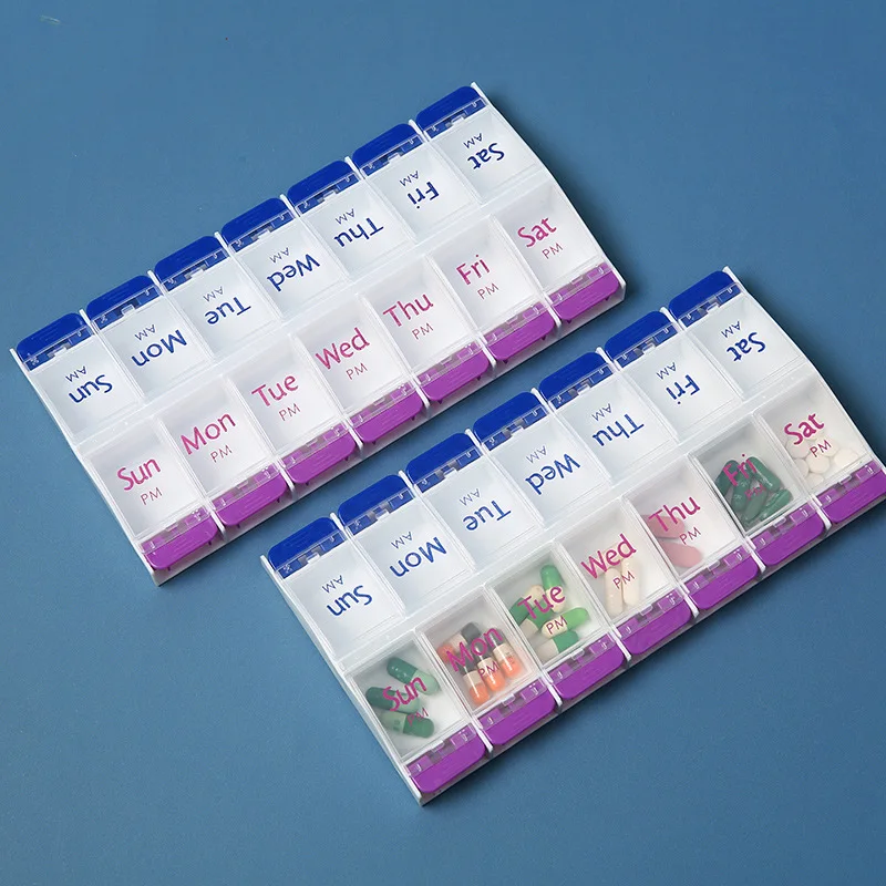 

Push Button (7-Day) Pill Case, Medicine Planner, Vitamin Organizer, 2 Times a Day AM/PM, Large Compartments, Arthritis Friendly
