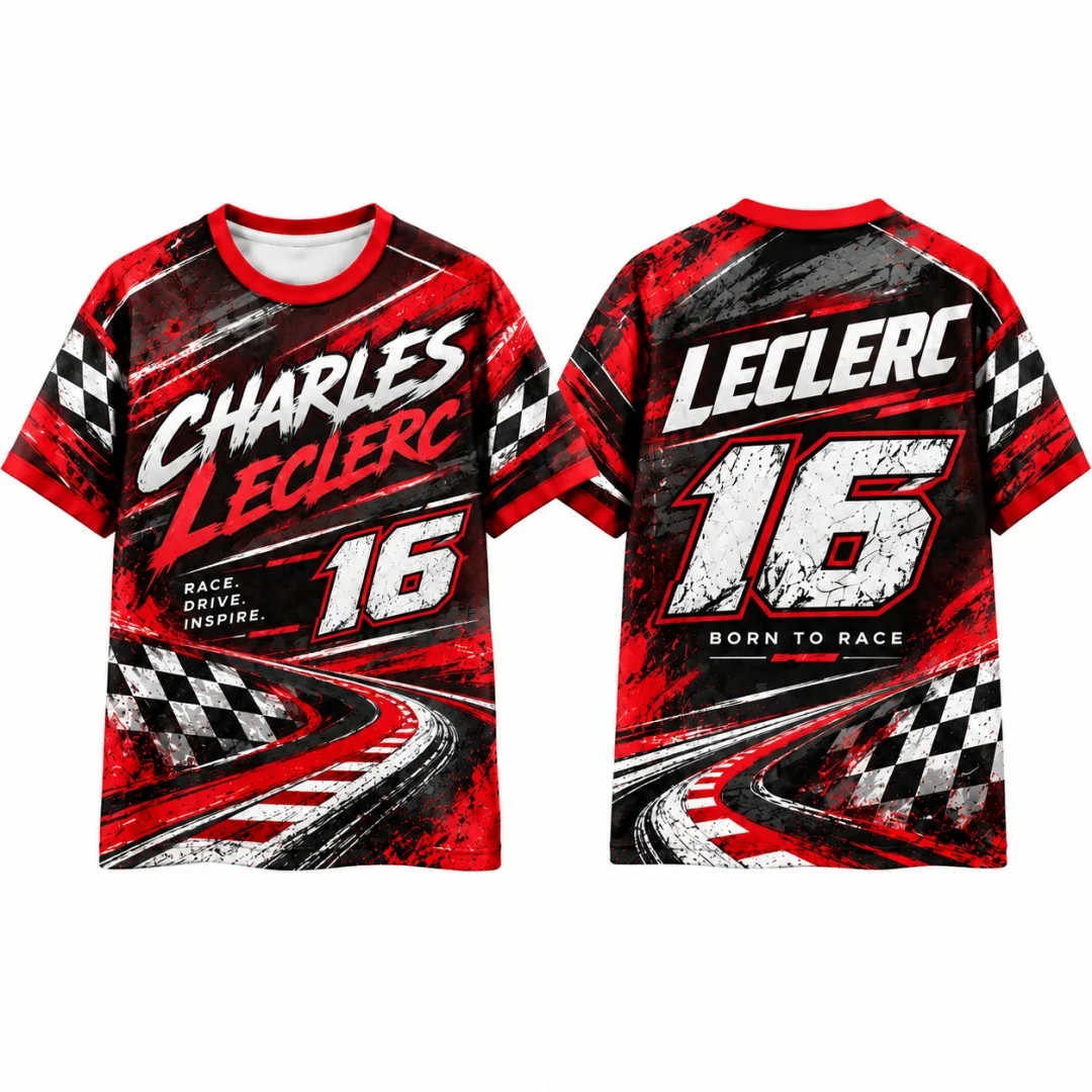Leclerc #16 Racing T-shirt Unisex Motorsport Fan Tee Summer Short Sleeve Checkered Flag Race Track Graphic Tops Match Jersey