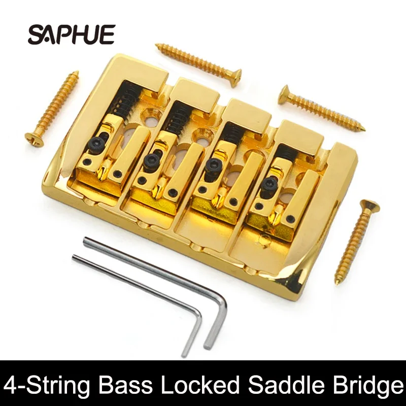 Vintage 4-String Locked Saddle Bass Bridge, 92x54mm Body, Through String Spacing, 19mm Bass Fixed Bridge, Black, Gold, Chrome