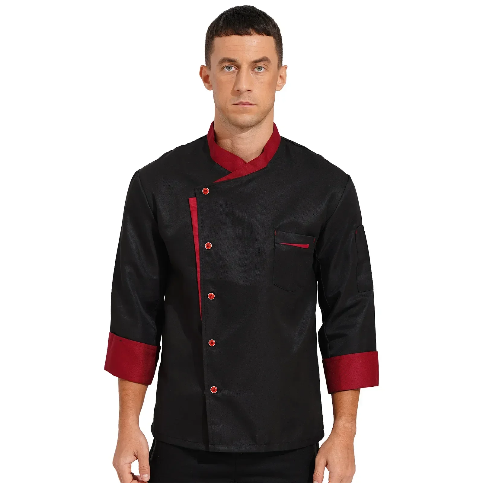 Camicia da uomo Chef Food con cappotto a maniche Hotel Cooking Color cucina Unisex Cosplay Work giacca lunga cappello contrasto uniforme ristorante