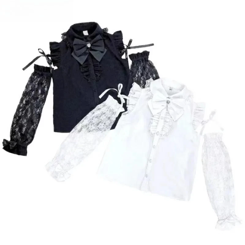 

Japanese SC New Mine Splicing Lace Sleeve Top Summer Sweet Girls Blouse Versatile Mass Production Solid Color Bow Shirt