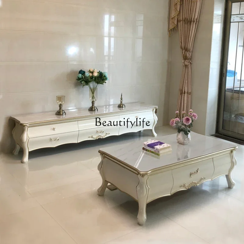 European marble TV cabinet simple neoclassical modern rock slab solid wood white floor cabinet