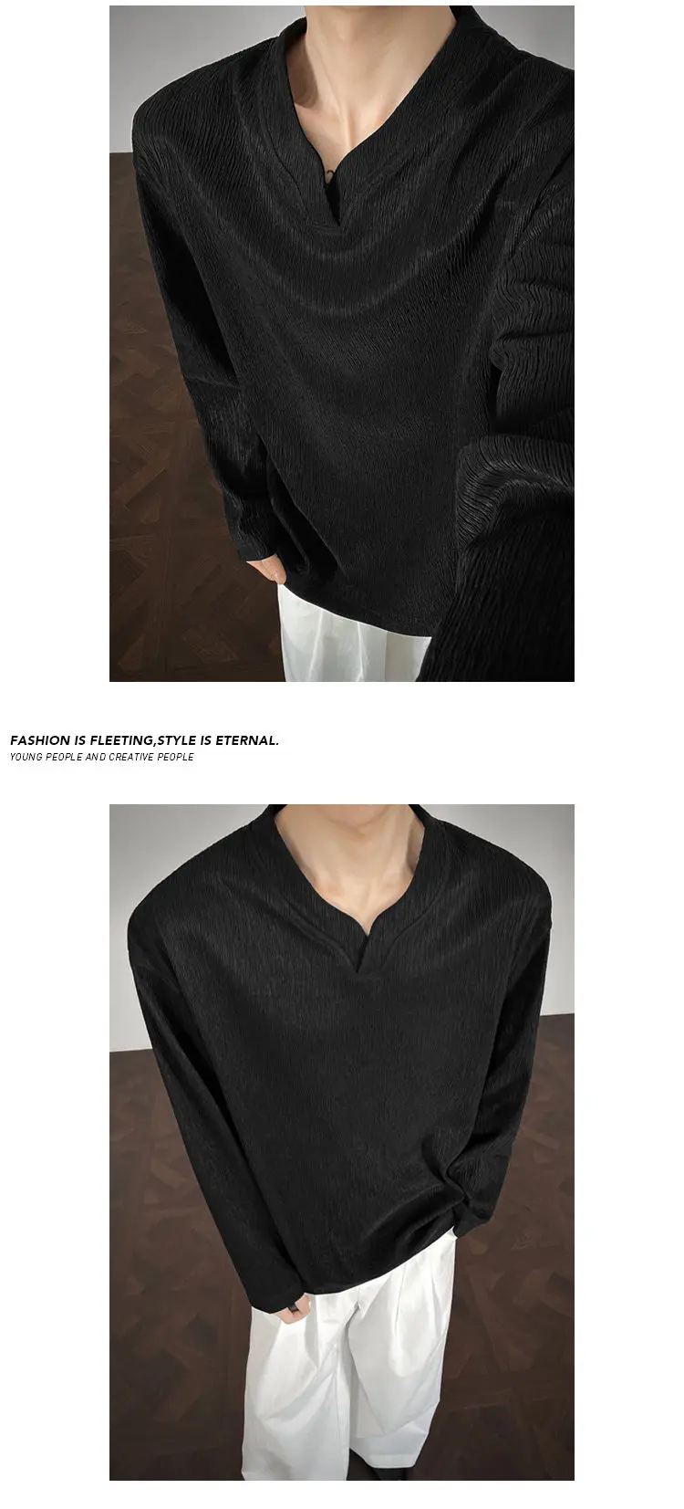 Herren-Herbstbluse mit V-Ausschnitt, langen Ärmeln, gecrinkeltem, luftigem, strukturiertem Stoff und abgerundetem Saum für Outdoor-Reisen im passenden Stil. – Detail 11