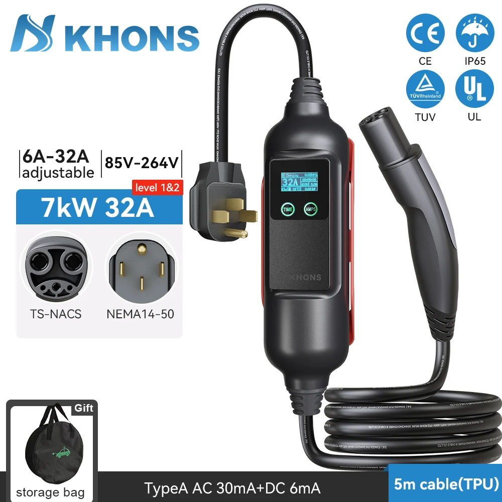 Khons EV شاحن محمول تسلا NACS 7KW شاحن EV المستوى 2 NEMA 14-50 التوصيل EVSE شحن 32A للموديلات 3/Y/S/X 16FT كابل بولي يوريثان