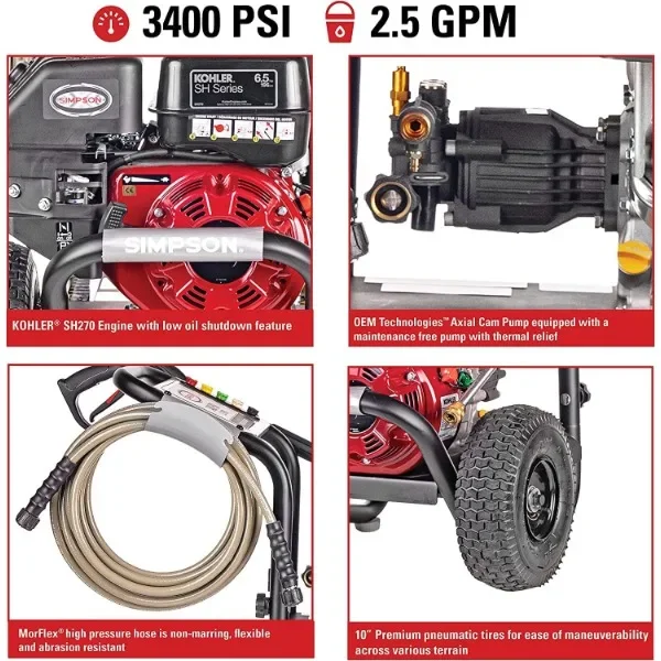 Simpson Cleaning MS61084-S MegaShot 3400 PSI Gas Pressure Washer, 2.5 GPM, Kohler SH270, Includes Spray Gun