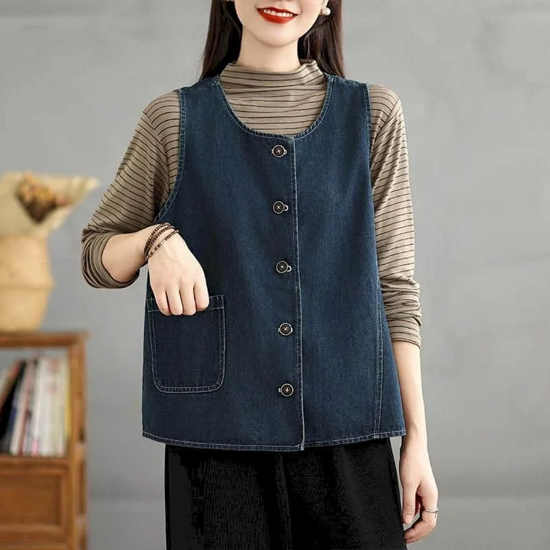 

Denim Vest Workwear Autumn Aesthetic Waistcoats Casual Korean Style Cardigans Loose Sleeveless Versatile Coats Women Clothing