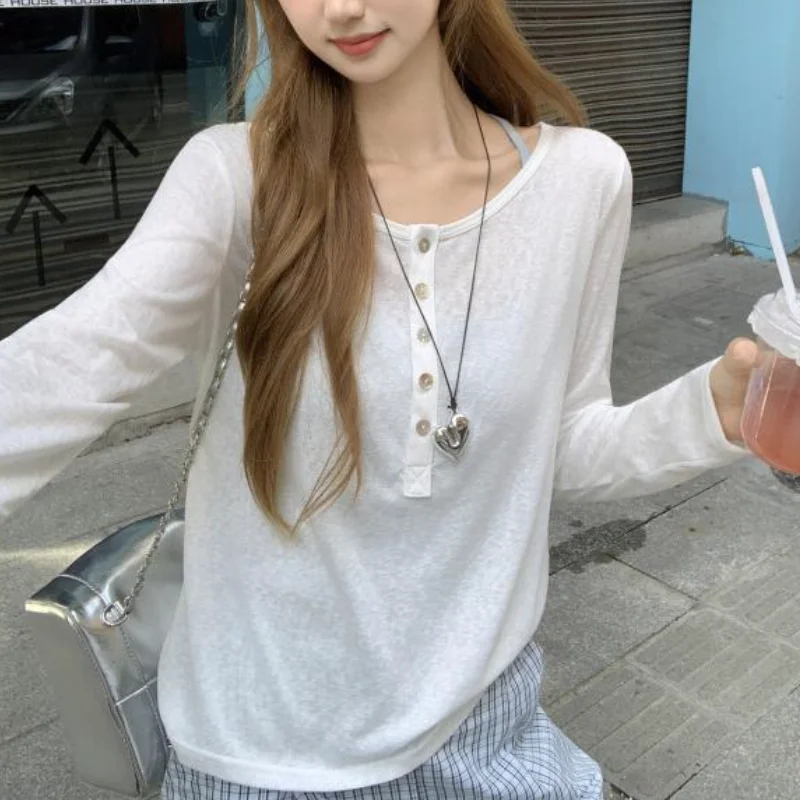 

Fashion New White Blouse Sun Protection U Neck Top Button Design Long Sleeve Cotton Women Summer Loose Fit Casual Top