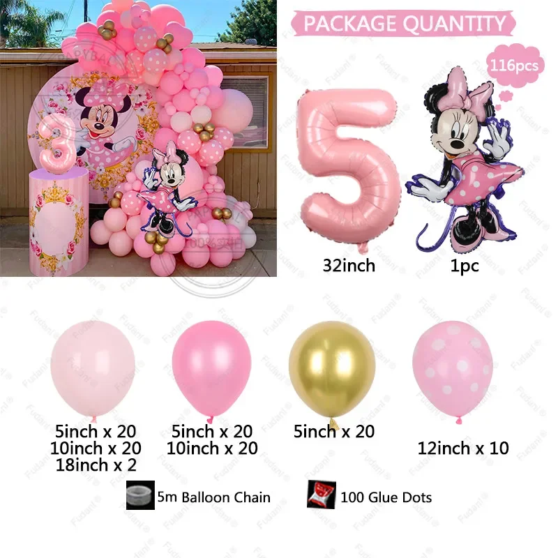 Kit ghirlanda di palloncini Disney Minnie Mouse Palloncini rosa Decorazioni per feste di compleanno per ragazze Baby Shower Dcors Globos Forniture