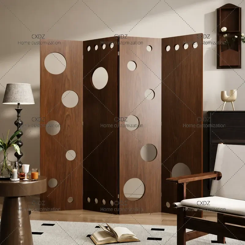 Medieval Solid Wood Screen Partition Living Room Hollow Door Folding Mobile Decoration Blocking Retro Folding Screen