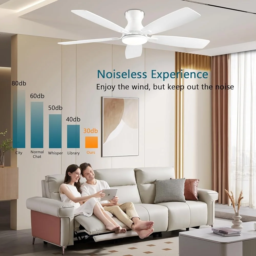 พัดลมเพดานขนาด 52 นิ้วโปรไฟล์ต่ําพร้อมไฟ LED รีโมทคอนโทรลมอเตอร์ DC การทํางานที่เงียบสงบห้องนั่งเล่นห้องนอนแบบพลิกกลับได้