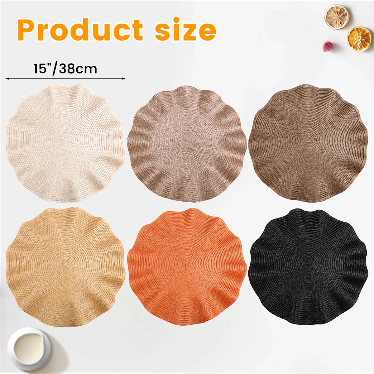 

【Горячая цена】6 шт. круглые салфетки диаметром 38 см, тканый дизайн, термостойкие, нескользящие, моющиеся коврики для обеденного стола с гофрированным краем