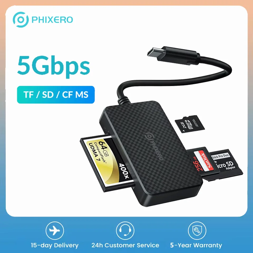 PHIXERO 4 in 1 Card Reader 5Gbps Memory Smart Card Reader SD TF CF MS USB 3.0 Type C Compact Flash Card Adapte for PC Camera 2TB