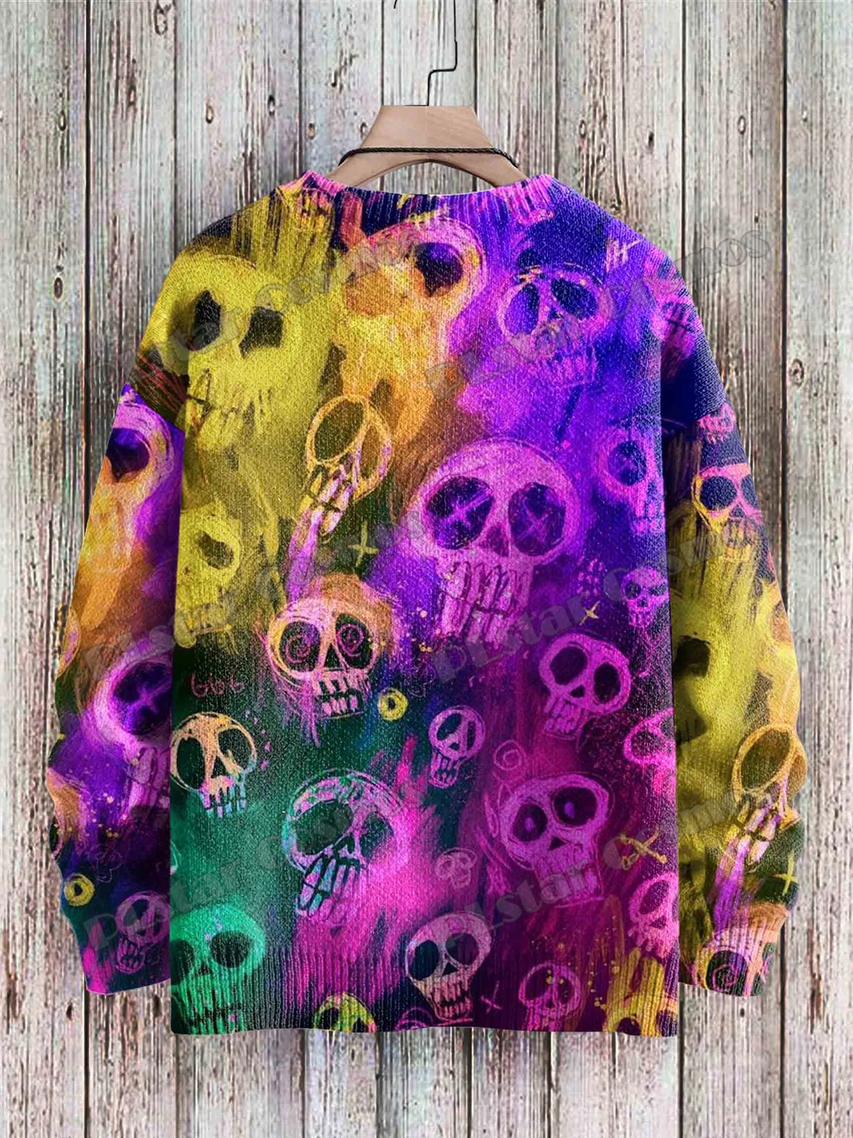 Halloween Skull Rainbow Art Pattern 3D Printed Men's Knitted Pullover Winter Unisex Casual Knit Pullover Sweater ZZM133