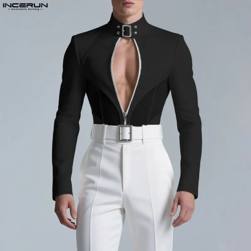

INCERUN Men Jackets Mesh Patchwork See Through Stand Collar Long Sleeve Male Coats Streetwear Zipper Fashion Casual Outerwear