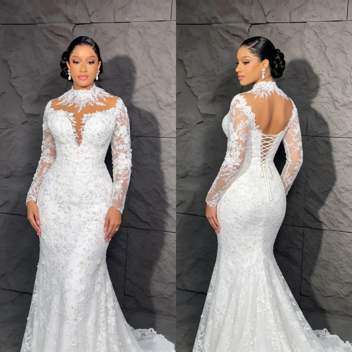 Maßgeschneidertes Hochzeitskleid mit hohem Kragen und Spitze im Meerjungfrau-Stil, langärmliges, rückenfreies Korsett-Brautkleid mit 3D-Blumenapplikationen, Vestido De Novia