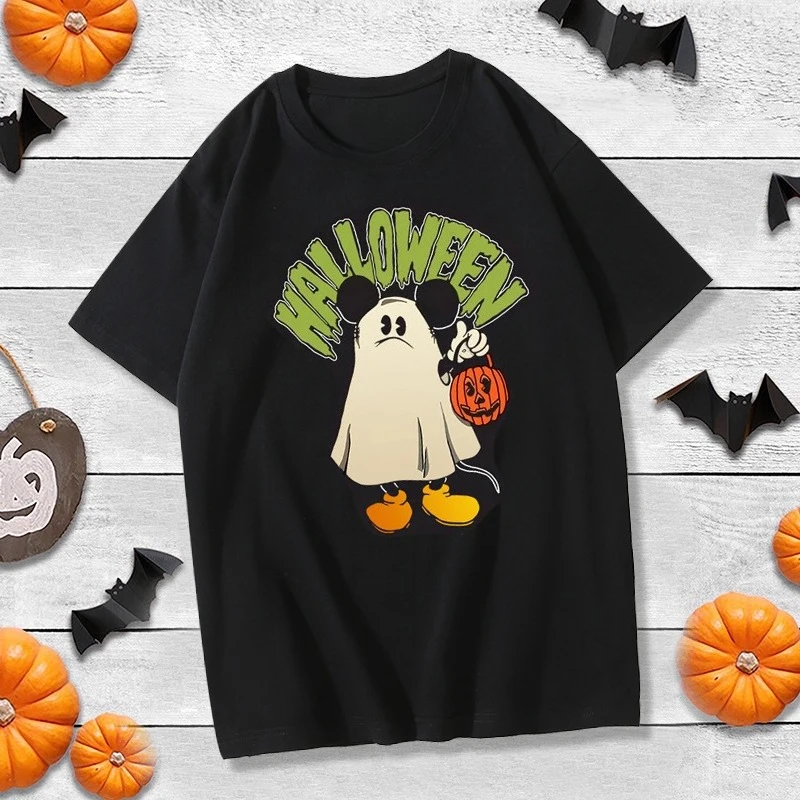 Kaos Halloween Motif Labu Kartun Hitam untuk Anak Laki-laki dan Perempuan Lengan Pendek 2025 Gaya Baru Katun Murni Atasan Setengah Lengan