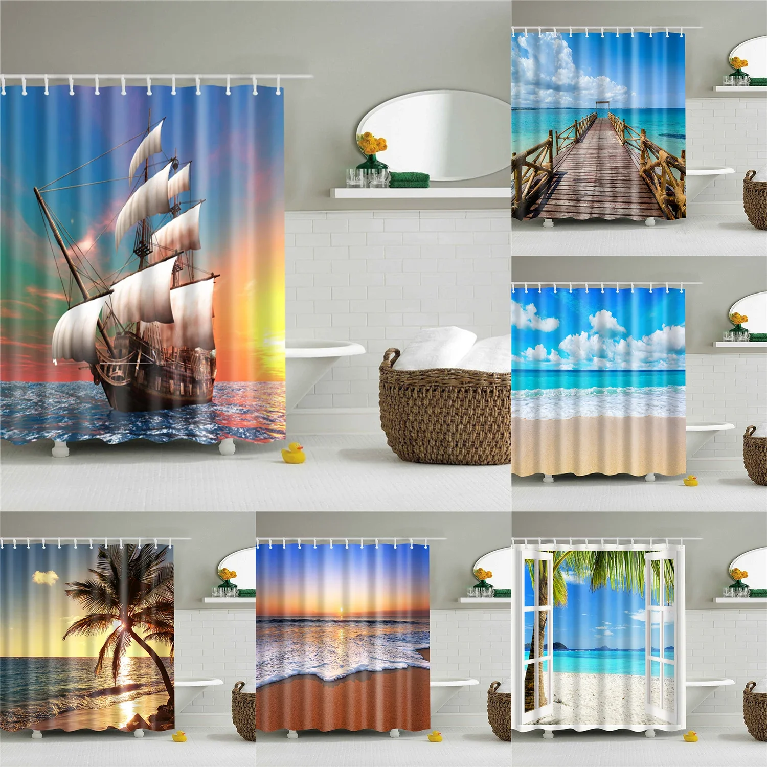 Seaside Sea Beach Sea Wave Coconut Tree Shower Curtains Bathroom Curtain Frabic Waterproof Polyester Bath Curtain with 12 Hooks