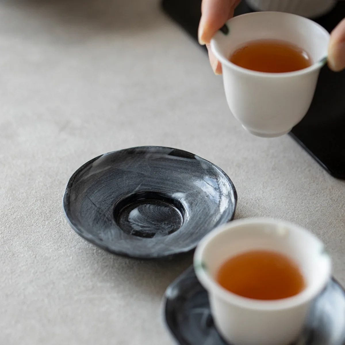 Chinese Style Ink Wash Coaster Ceramic Tea Cup Mat Crackle Glaze Pottery Heat Resistant Wabi Sabi