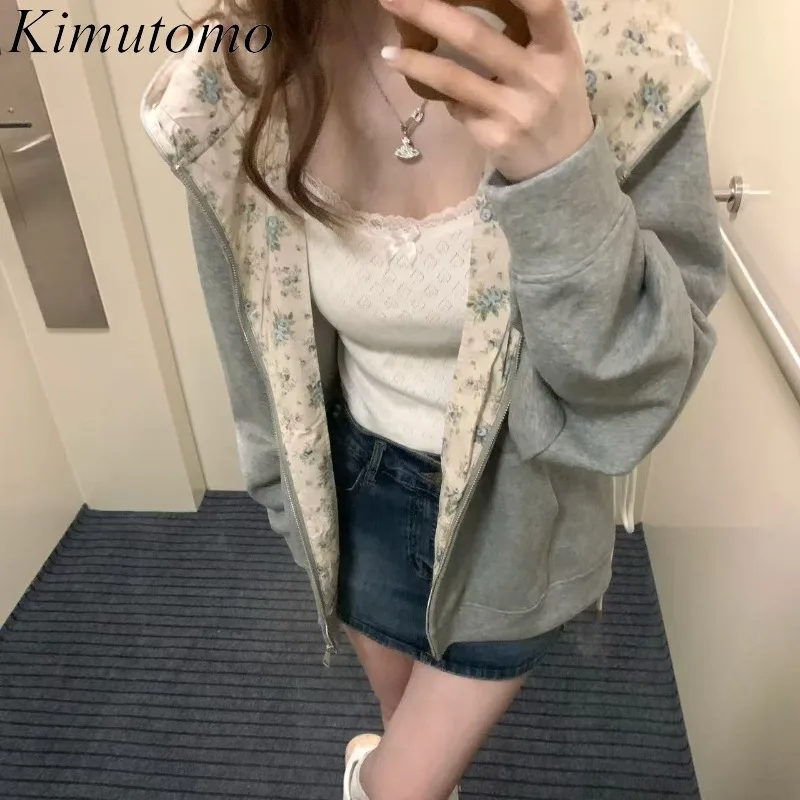 

Kimutomo Hoodies Women Floral Autumn Winter Loose Vintage Outwear Sweet Female Jackets Pockets Female Casual Sweatshirts