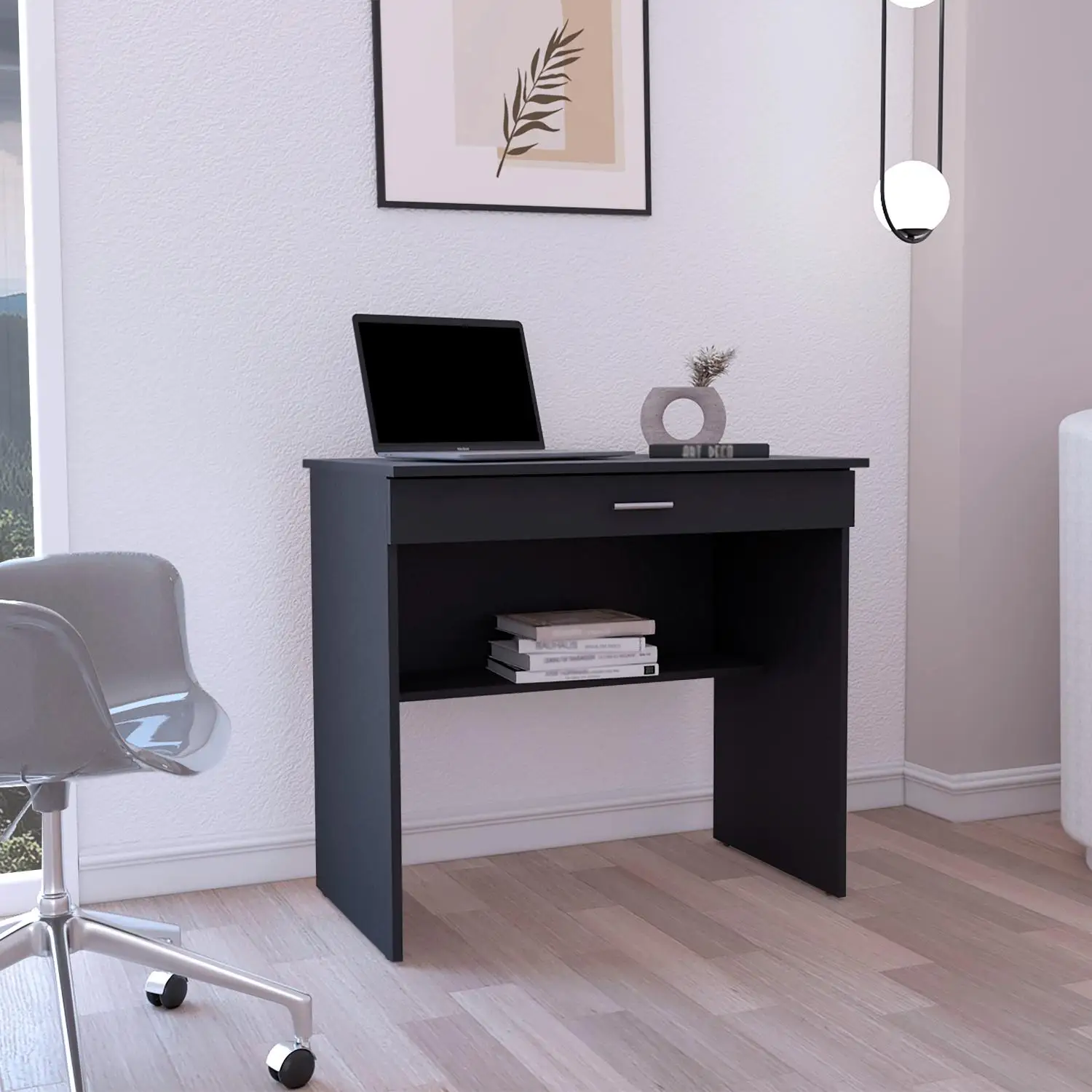 80 C Writting Desk, Compact Workstation with Drawer and Lower Shelf Black