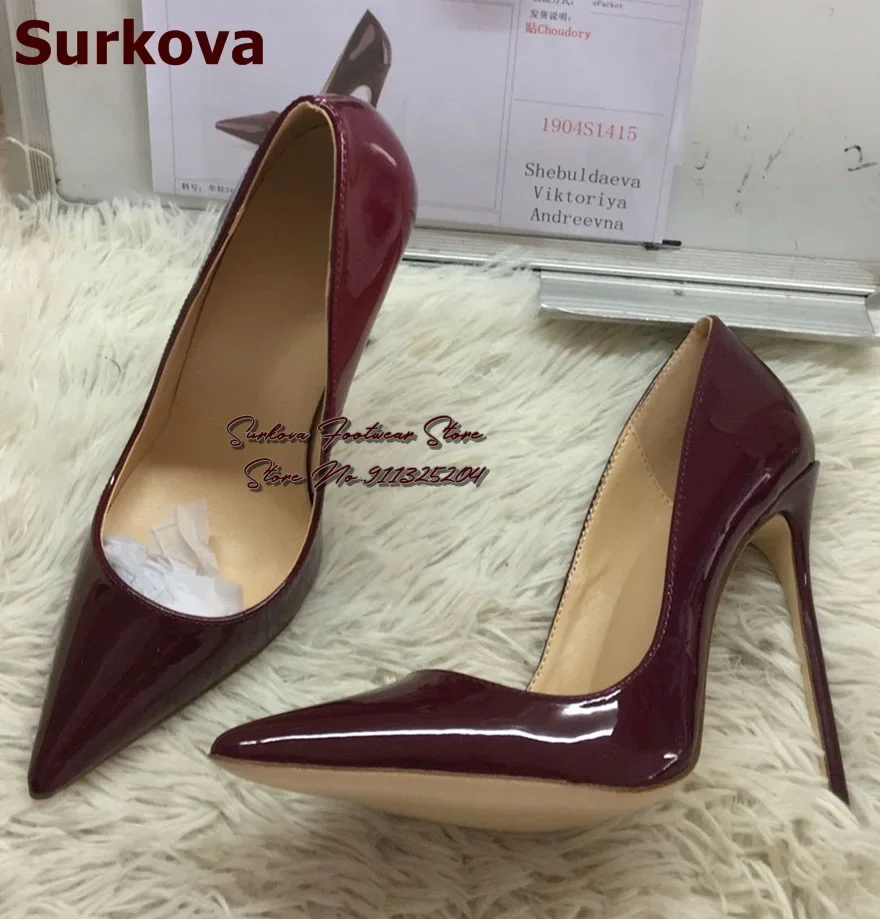 Surkova Sexy Burgundy Mirror Leather Shoes Thin High Heel Wine Red Pointy Toe Pumps Shallow Cut Wedding Shoes Drophip Size45