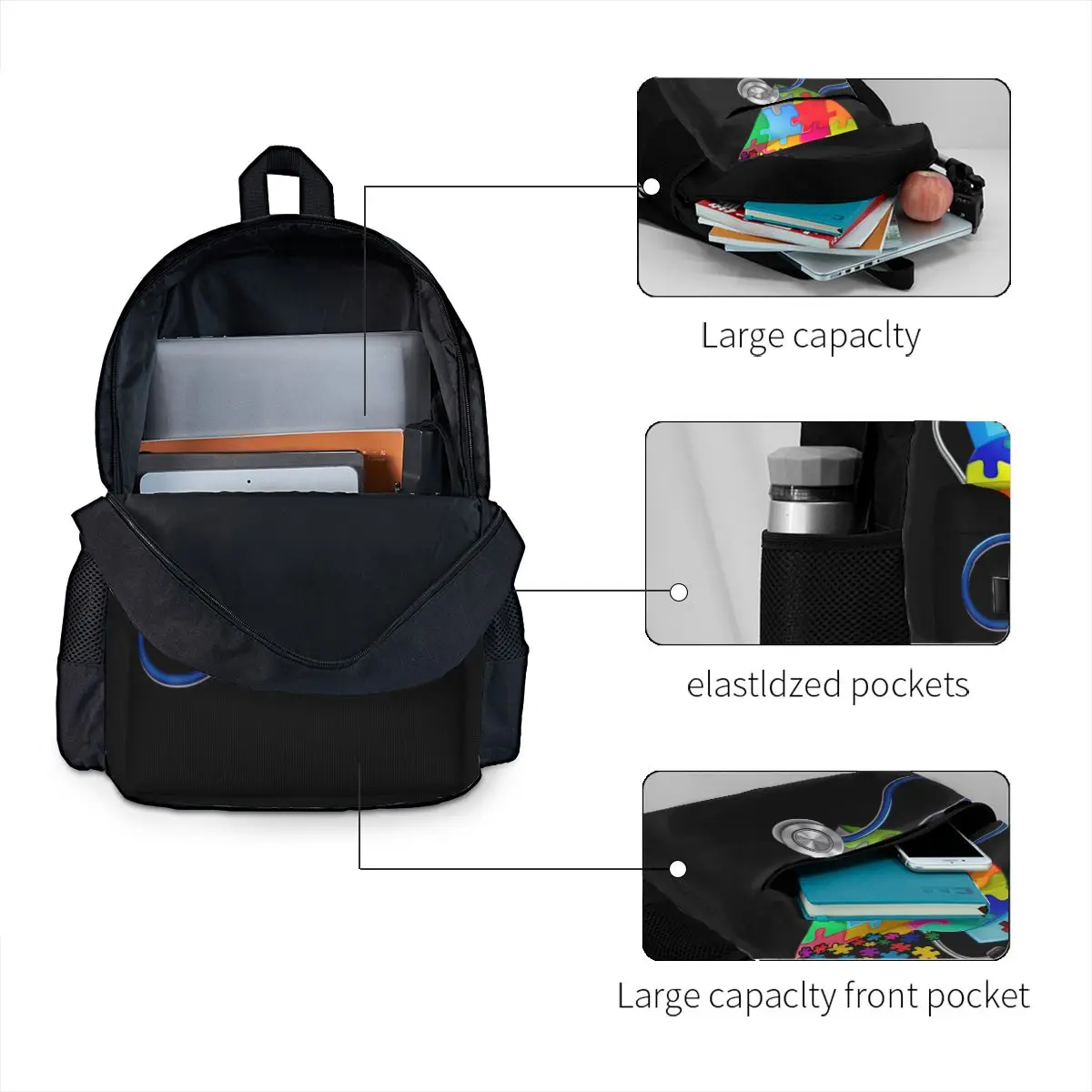 Cute Nurse Heart Puzzle Autism Awareness Men Women  Large Capacity Backpack Print  Backpacks