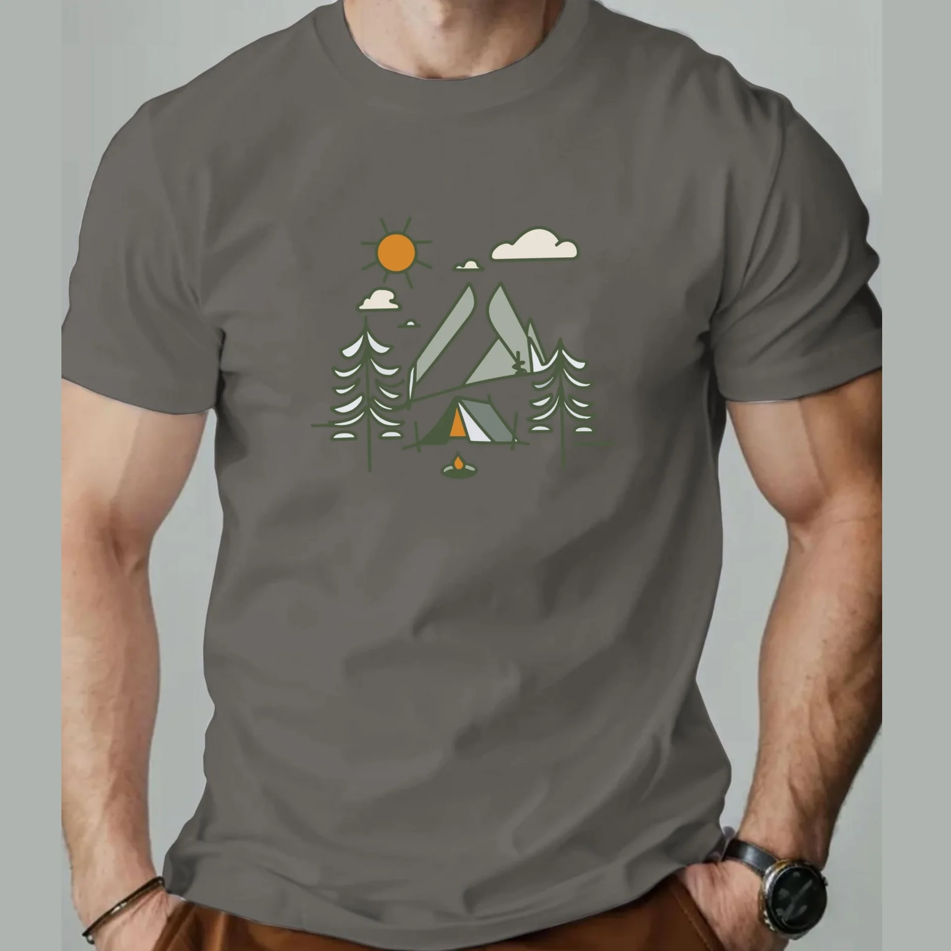 

Trendy Camping Tent Adventure Printing Men's T-shirt Summer Casual Comfortable Short Sleeve Round Neck Daily Top Street Clothing