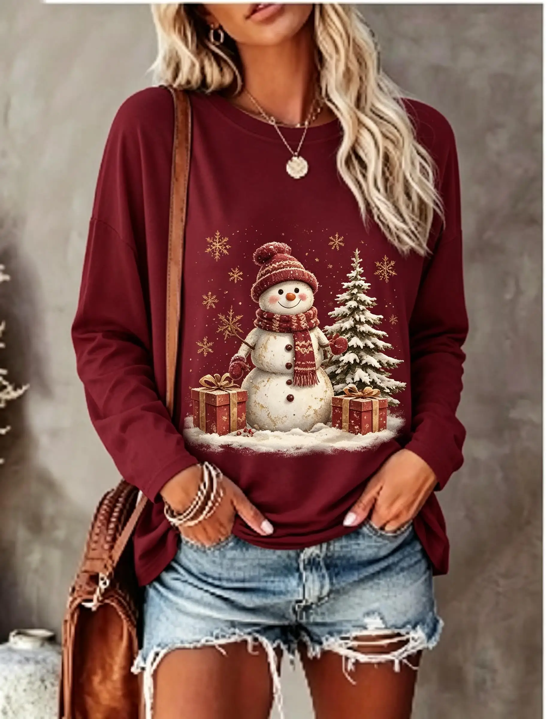 Women Long Sleeve T‑Shirt Christmas Snowman With Knit Hat Scarf Pine Tree Gift Box Print Crew Neck Casual Tops