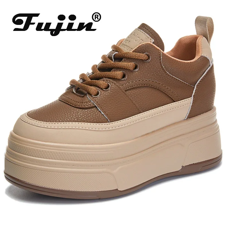 Fujin 9cm Cow Genuine Leather Women Casual White Platform Wedge Skateboard Hidden Heel Shoes Shoes Vulcanize Chunky Sneakers