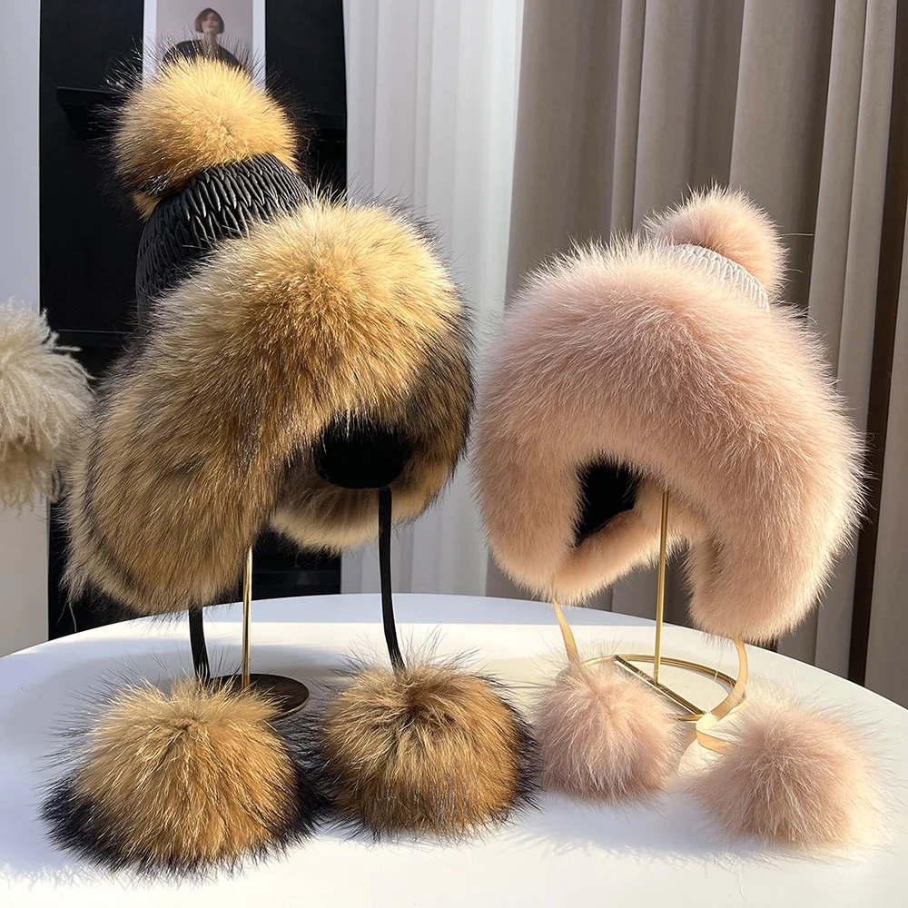 2024 100% Real Fox Fur Hats Women's Russian Ushanka Aviator Trapper Snow Skiing Hat Caps Earflap Winter Raccoon Fur Bomber Hat