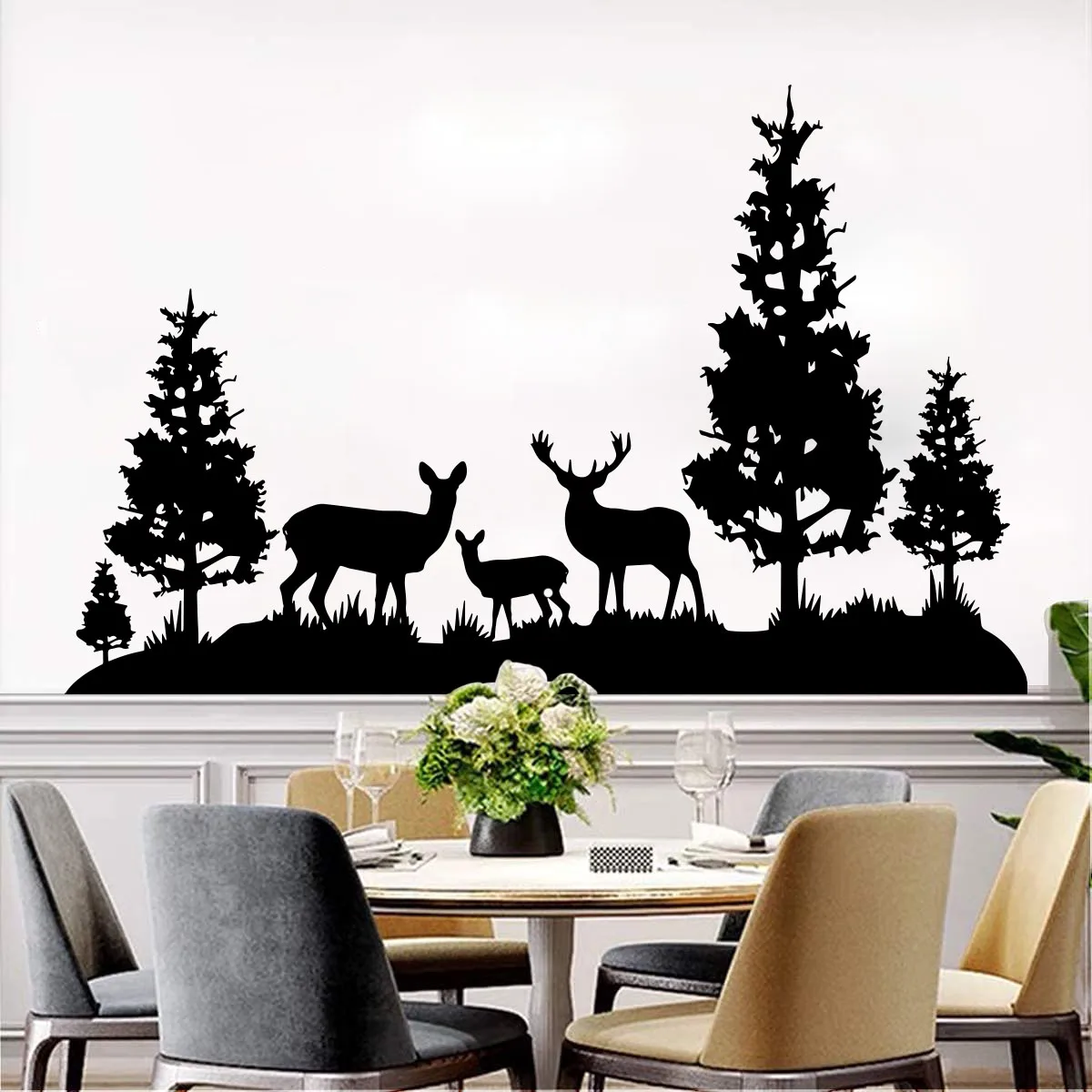 Deer Family and Pine Trees Wall Sticker Children Teen Room Jungle Forest Landscape Animal Wall Decal Bedroom Playroom