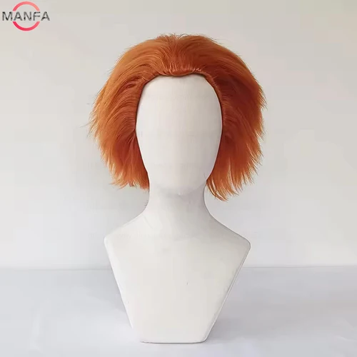Peluca de Cosplay de novia de Chucky de alta calidad, pelo sintético corto naranja esponjoso resistente al calor, pelucas de Chucky de Anime de película + gorro de peluca