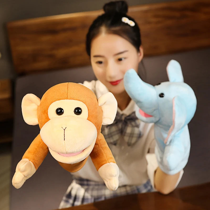 25cm Kawaii Animal Elephant Monkey Lion Dog Stuffed Plush Hand Puppets Educational Toys For Family Playgame Time Doll