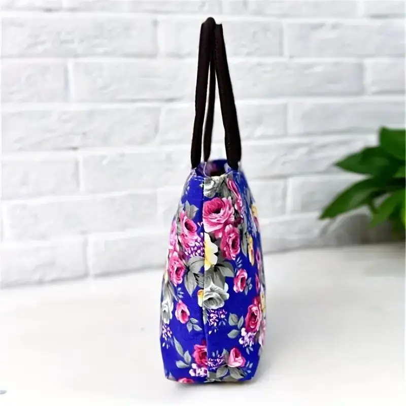 Mini Floral Print Handbag,Flower Embroidery Canvas Tote Bag, Ethnic Style Shoulder Bag, Large Capacity Handbag For Women