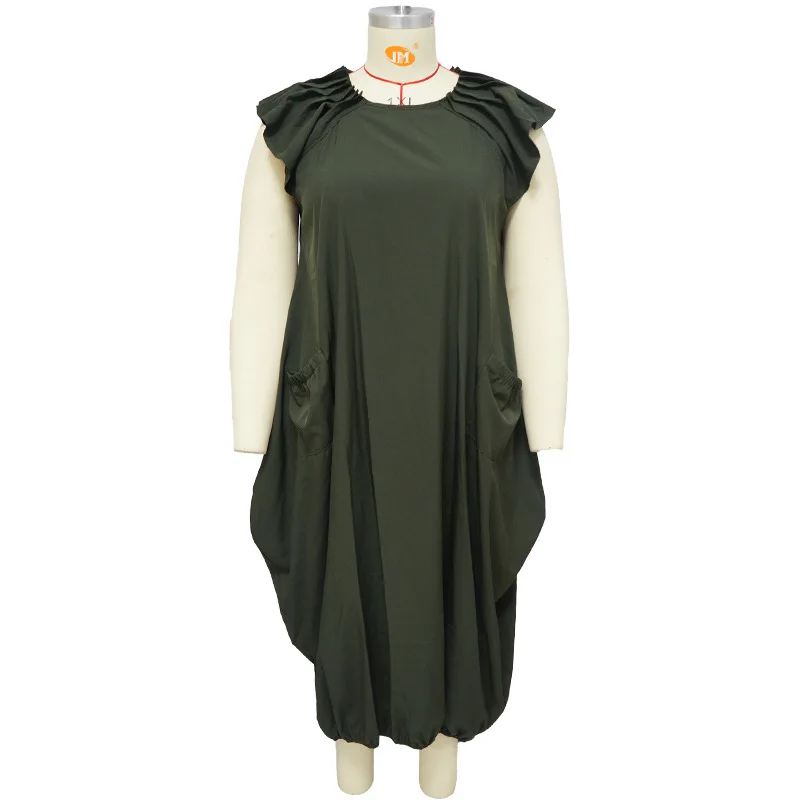 Vestido maxi de manga curta feminino com bolsos, plus size, monocromático, vestidos soltos, casual streetwear, Y2K outerwear, roupas de verão, L para 4XL