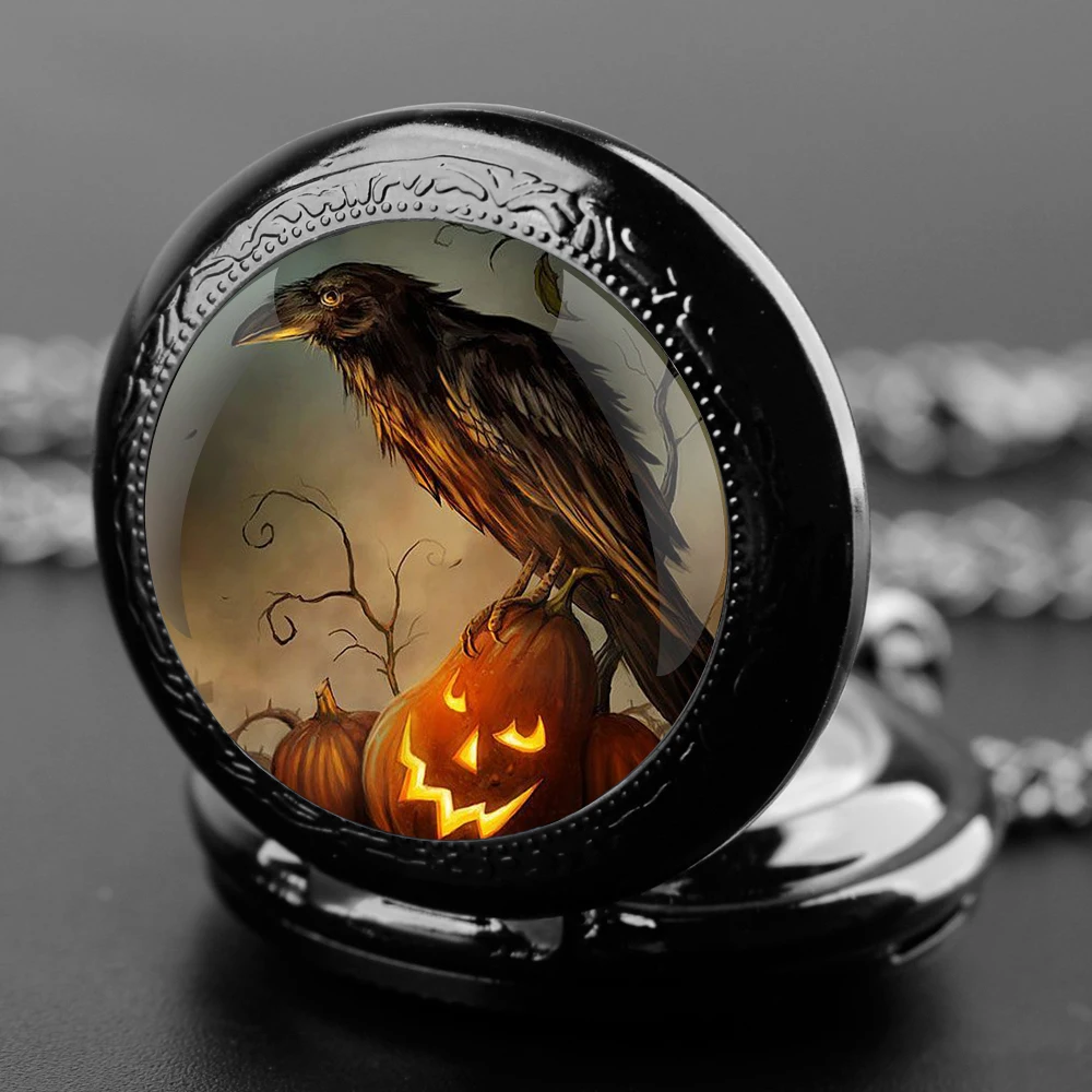 Reloj de bolsillo de cuarzo para hombre y mujer, pulsera con cadena duradera, esfera de números árabes, cúpula de cristal de cuervo para disfraz de Halloween, regalos creativos