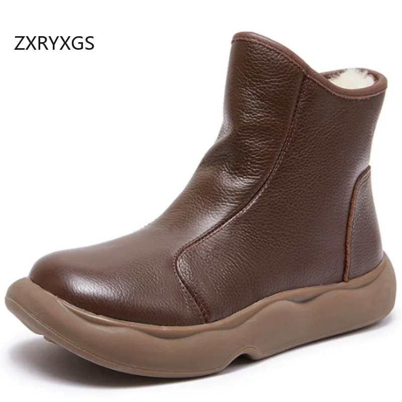 

ZXRYXGS Top Cowhide One Fur Wool Boots Cotton Shoes 2025 Winter Real Leather Snow Boots Flat Round Toe Comfortable Women Boots
