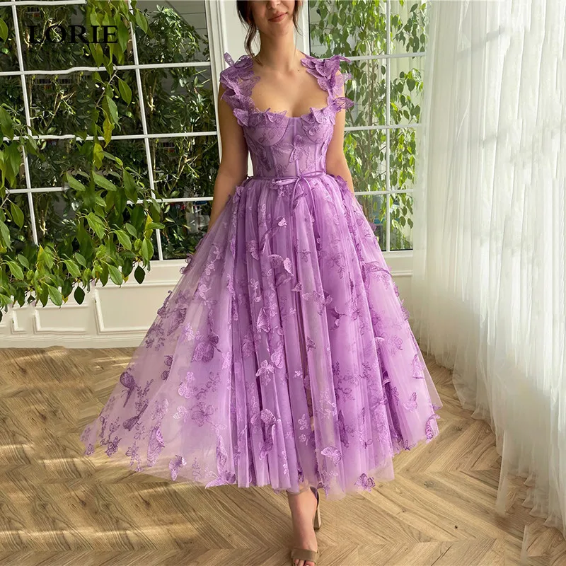 LORIE Purple Prom Dresses A Line Ankle Length Floral 3D Butterfly Lace Prom Party Gowns 2023