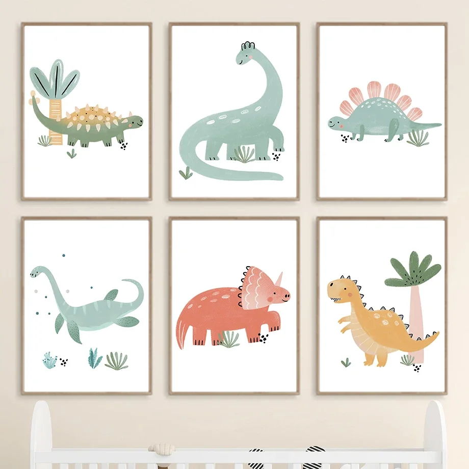 

Cartoon Colorful Dinosaur Tree Grass Wall Art Canvas Painting Nordic Posters And Prints Nursery Wall Pictures Kids Room Decor