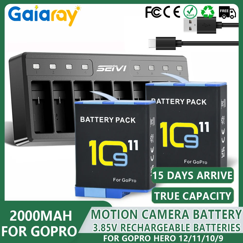 

1-5 шт. аккумулятор емкостью 2000 мАч для GoPro Hero 12 11 10 9 аккумулятор 8-стороннее быстрое зарядное устройство с кабелем Type-C для аксессуаров для камеры GoPro Hero