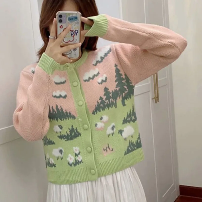 Cute Sheep Cartoon Knitted Cardigan Women Color Block O-Neck Cardigan Female Long Sleeved Knitted Loose Cardigan Autumn Winter