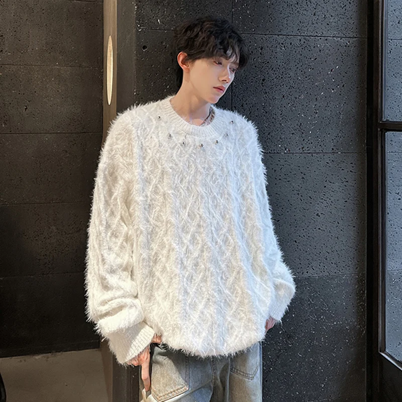 IEFB American Style Men's Knitted Sweater Loose Metal Design Weave O-neck Solid Color Casual Male Tops New Autumn Fashion 9C7800