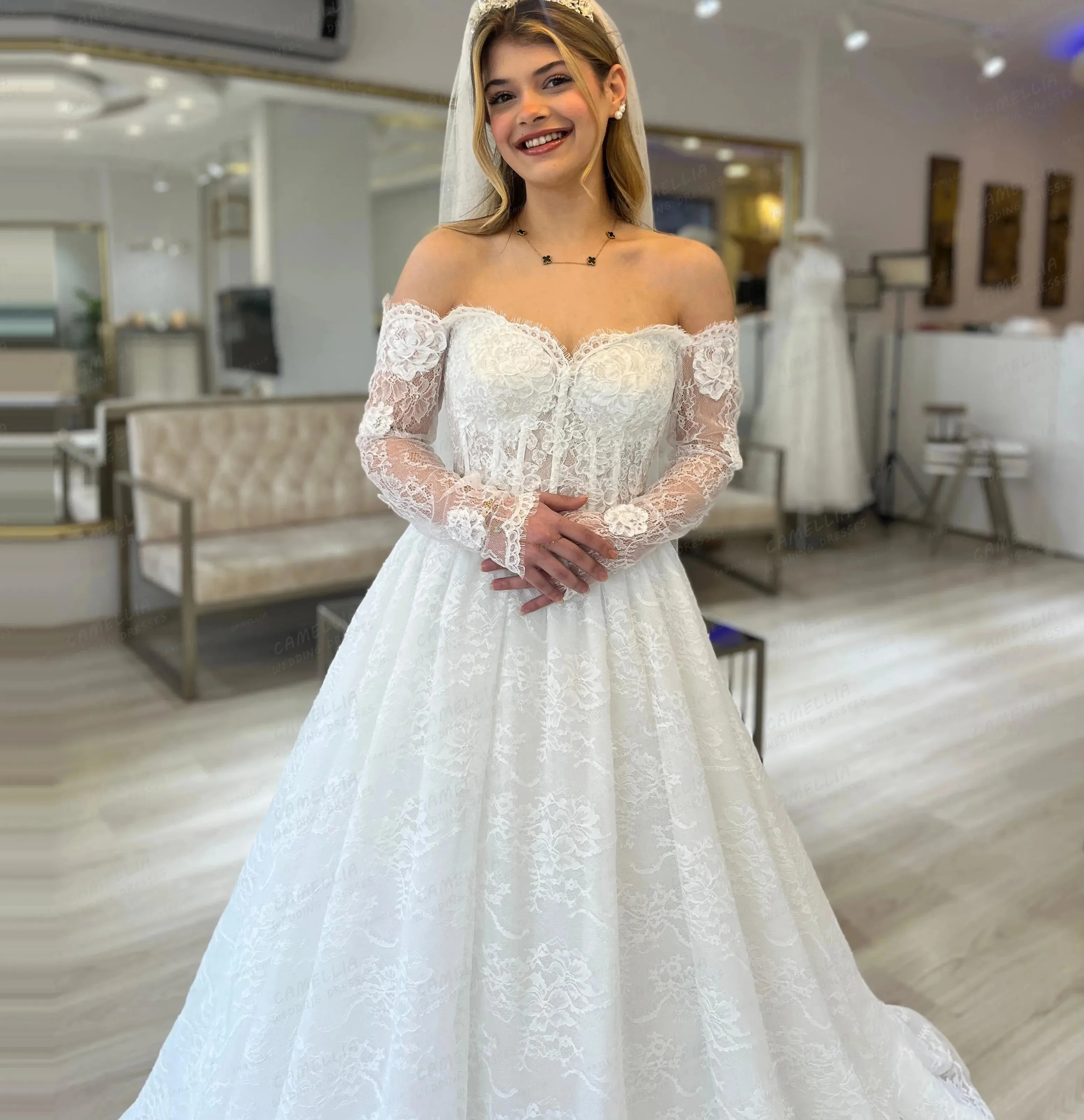 Elegant Wedding Dresses Women's A Line Lace Off Shoulder Bridal Gowns Long Sleeve Party Vestidos De Novia Robe De Mariage